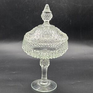 Vintage Indiana Glass Diamond Point Compote / Candy Dish with Lid  12"  tall